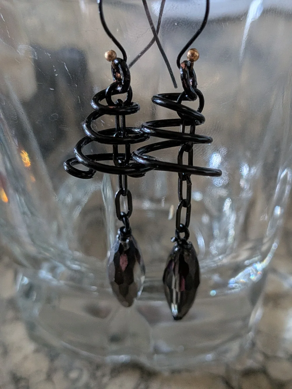 Black Spiral Drop Earrings with Faceted Black Teardrop